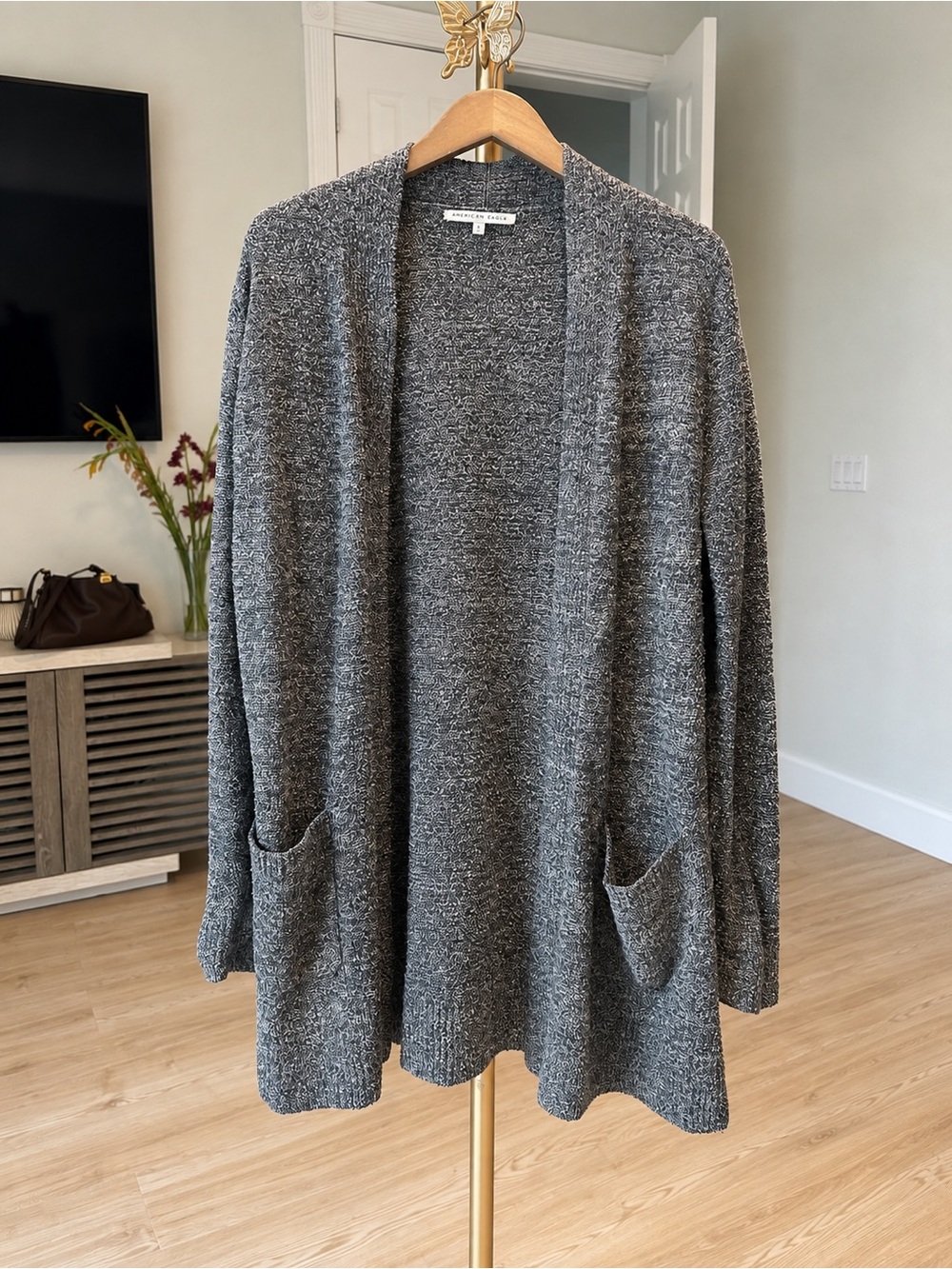 Search for Sanity Open-Front Gray Knit Cardigan with Pockets